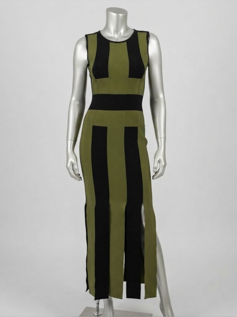 David Koma Fall 2017 Runway XS Black Olive Colorblock Bandage Maxi Dress Fringe
